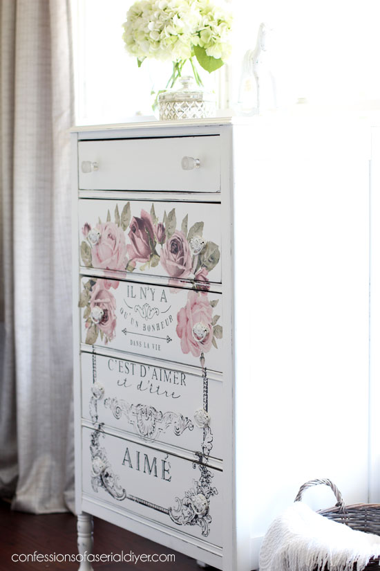 The beautiful shabby chic look on this dresser was achieved by using the Dans la Vie transfer from re-design with prima!