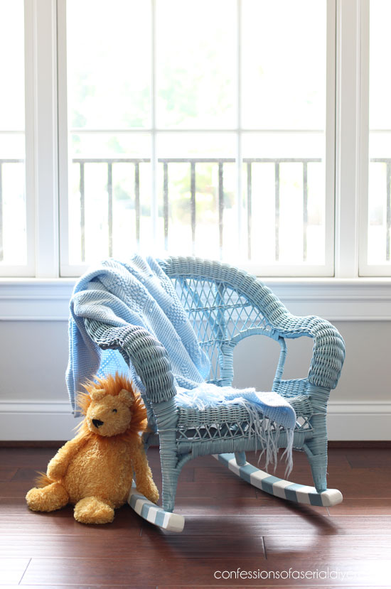 Child's wicker rocker spray painted in French Blue by Rust-Oleum. 