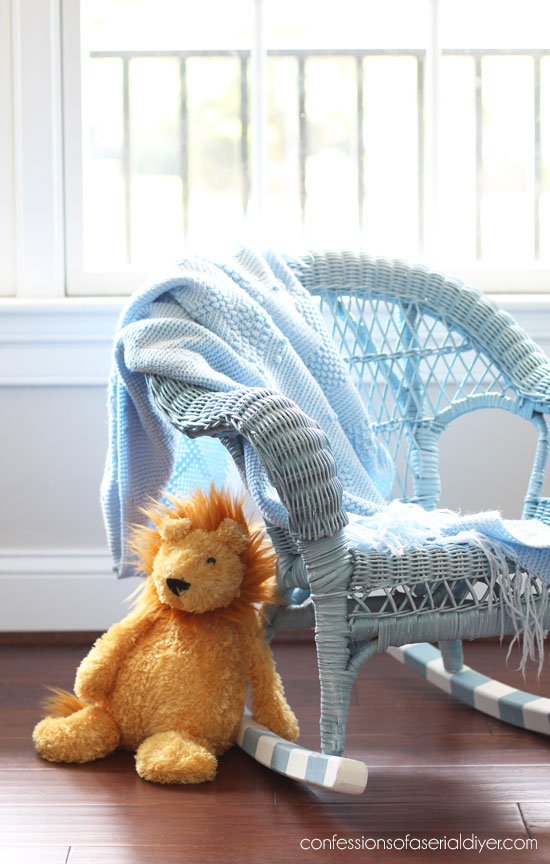 Child's wicker rocker spray painted in French Blue by Rust-Oleum. 