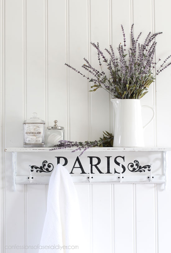 Thrift Store Shelf painted in Dixie Belle Cotton and stenciled with a PARIS stencil