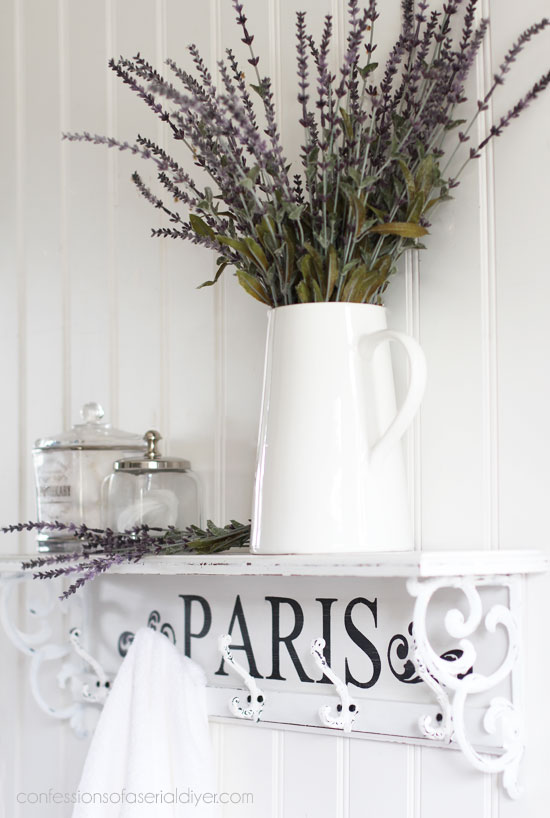 Thrift Store Shelf painted in Dixie Belle Cotton and stenciled with a PARIS stencil