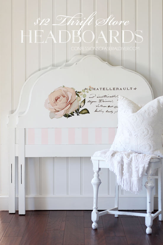Twin headboard painted white with a floral transfer.