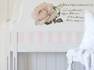 Twin headboard painted in cotton and pink champagne with a prima transfer