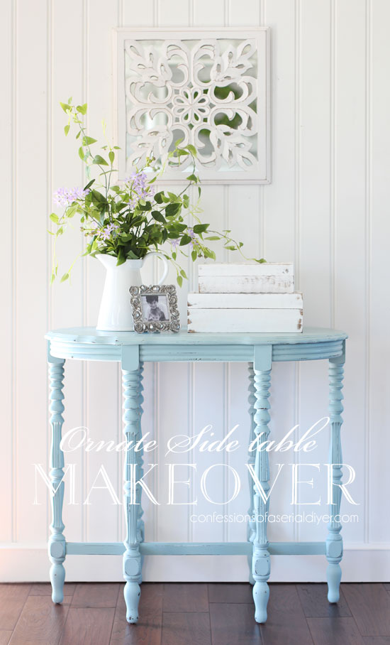 Ornate side Table painted in Vintage Duck Egg Blue by Dixie Belle mixed with about 1/3 Cotton.