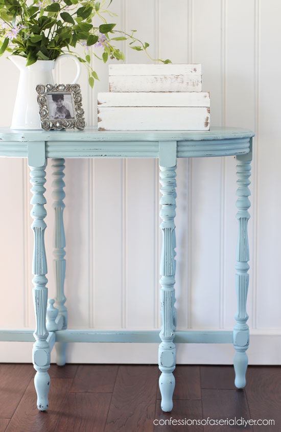 Ornate side Table painted in Vintage Duck Egg Blue by Dixie Belle mixed with about 1/3 Cotton.