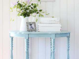 Ornate side Table painted in Vintage Duck Egg Blue by Dixie Belle mixed with about 1/3 Cotton.