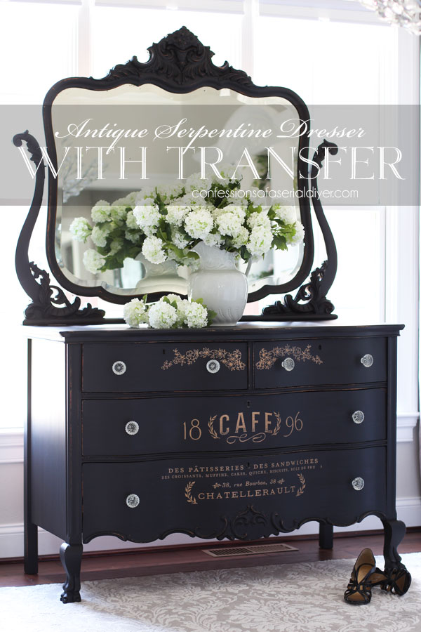 Black painted antique serpentine dresser with transfer