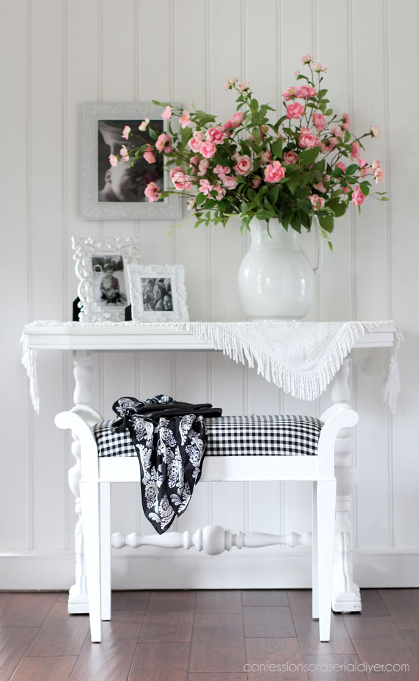 White and gingham bench