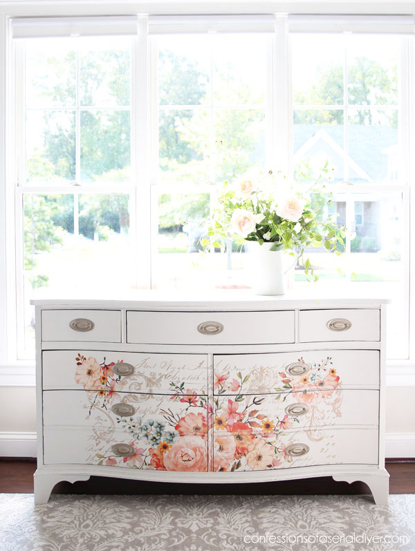 white painted dresser with transfer