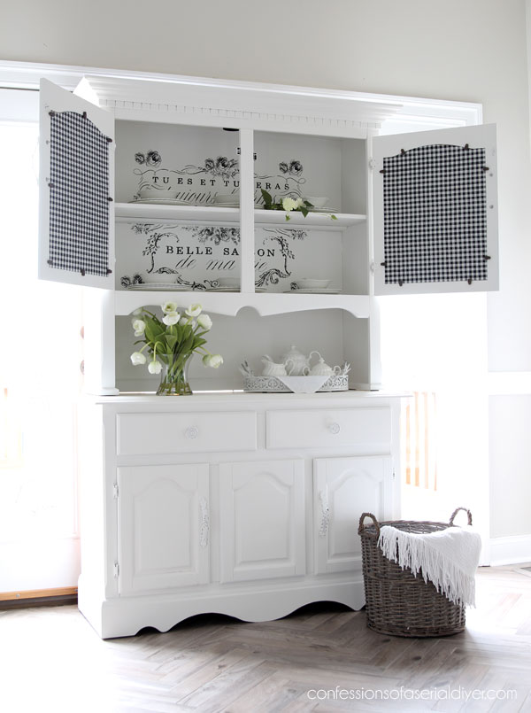 Painted white hutch with beadboard