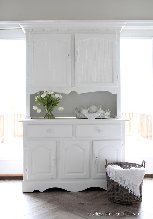 White painted hutch with beadboard