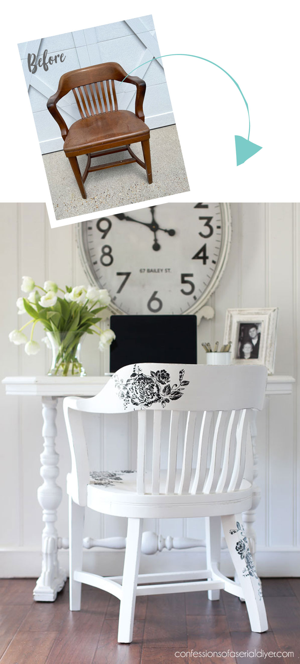 Vintage Banker's Chair Makeover wth stencil