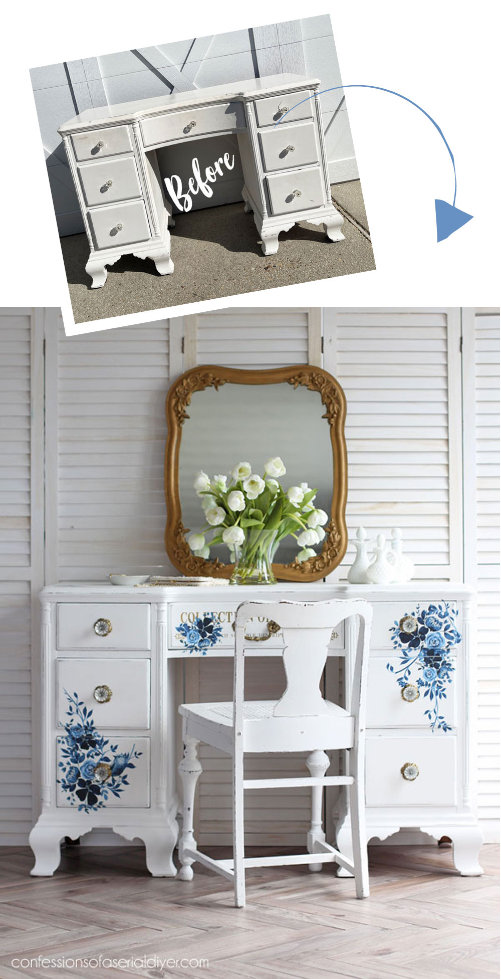 White painted desk with Pretty in Blue Transfer