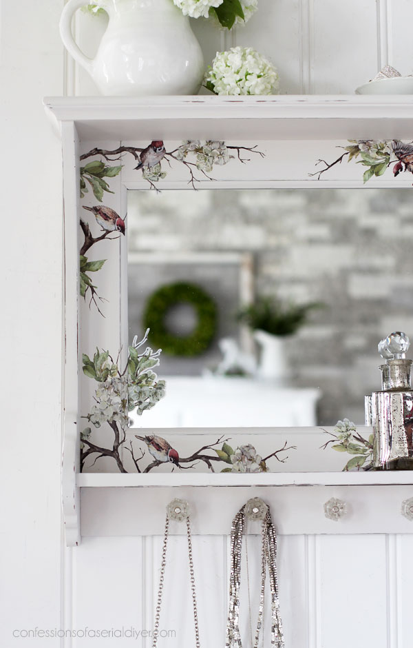 Mirrored Wall Shelf Makeover with Blossom Flight Transfer