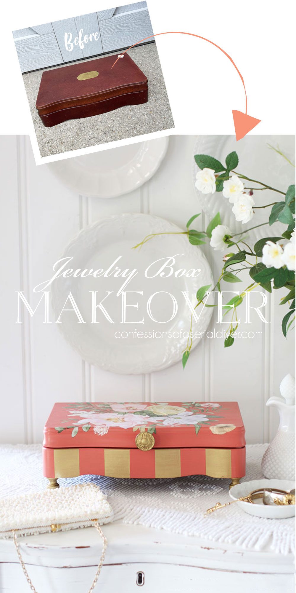 Jewelry box makeover in Cottage Door chalk mineral paint.