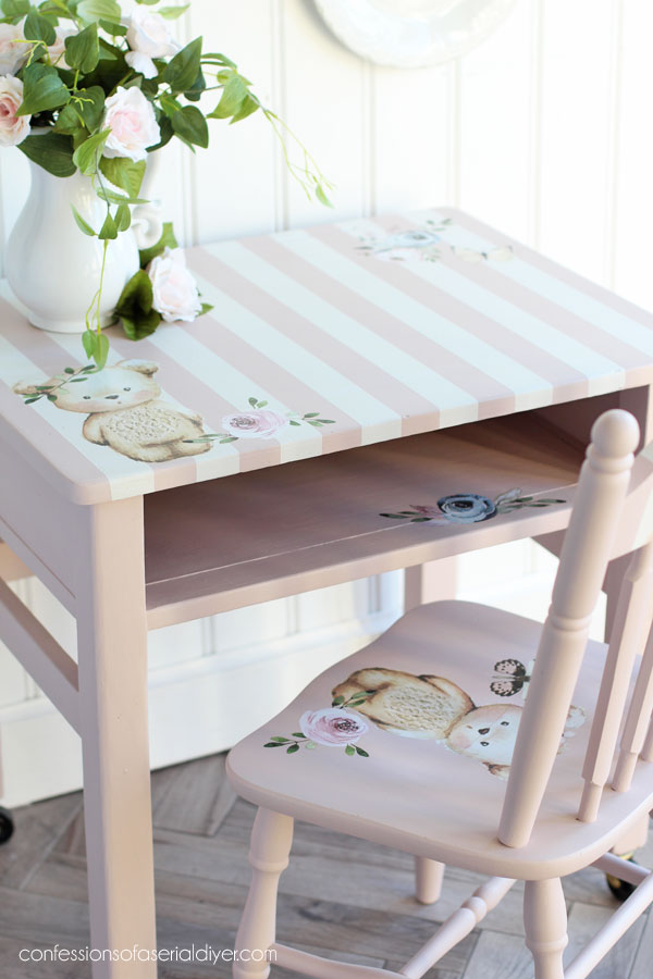 Child's Oak Desk Makeover in Tea Rose with Hello Baby Transfer