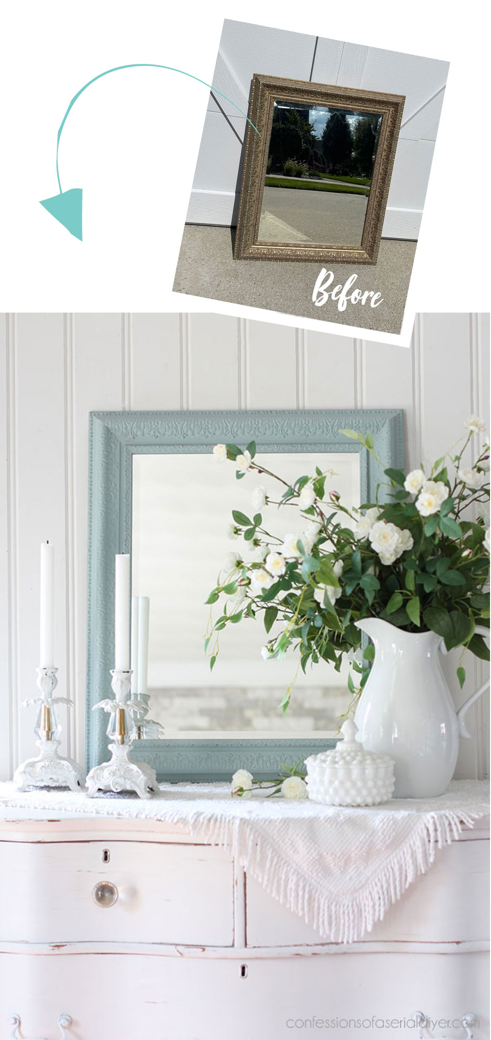Vintage duck egg blue and Cotton 50/50 Mirror Makeover