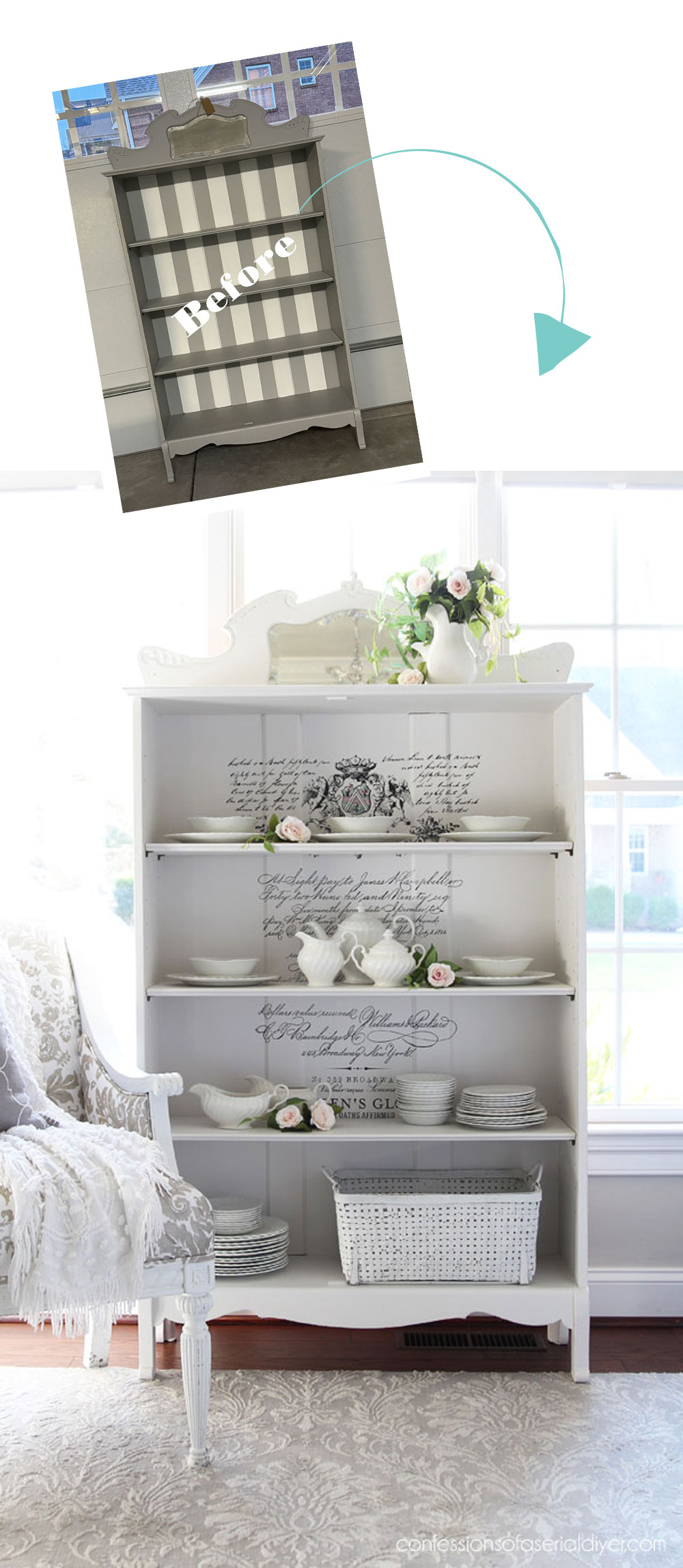 White Painted Bookcase Makeover with Parisian Letter transfer