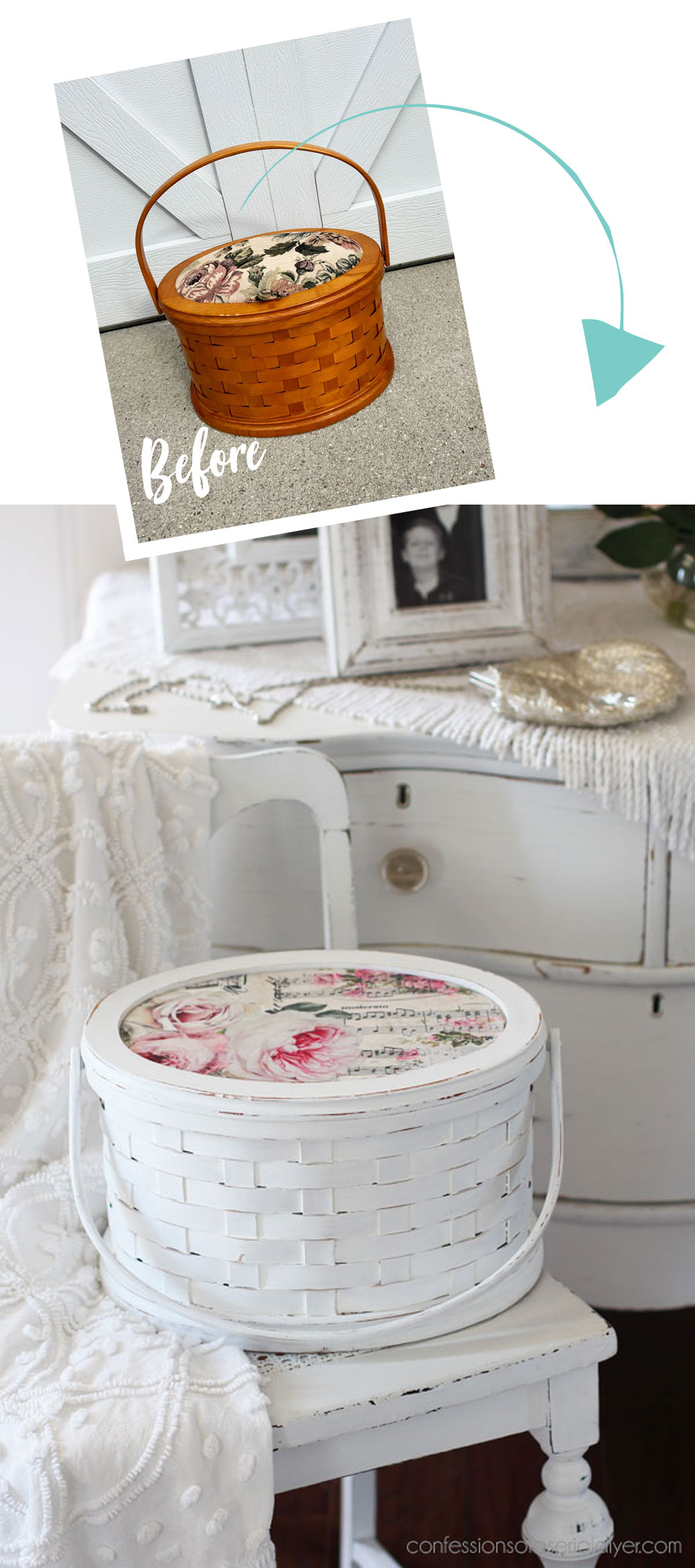Sewing Basket Makeover with decoupage paper