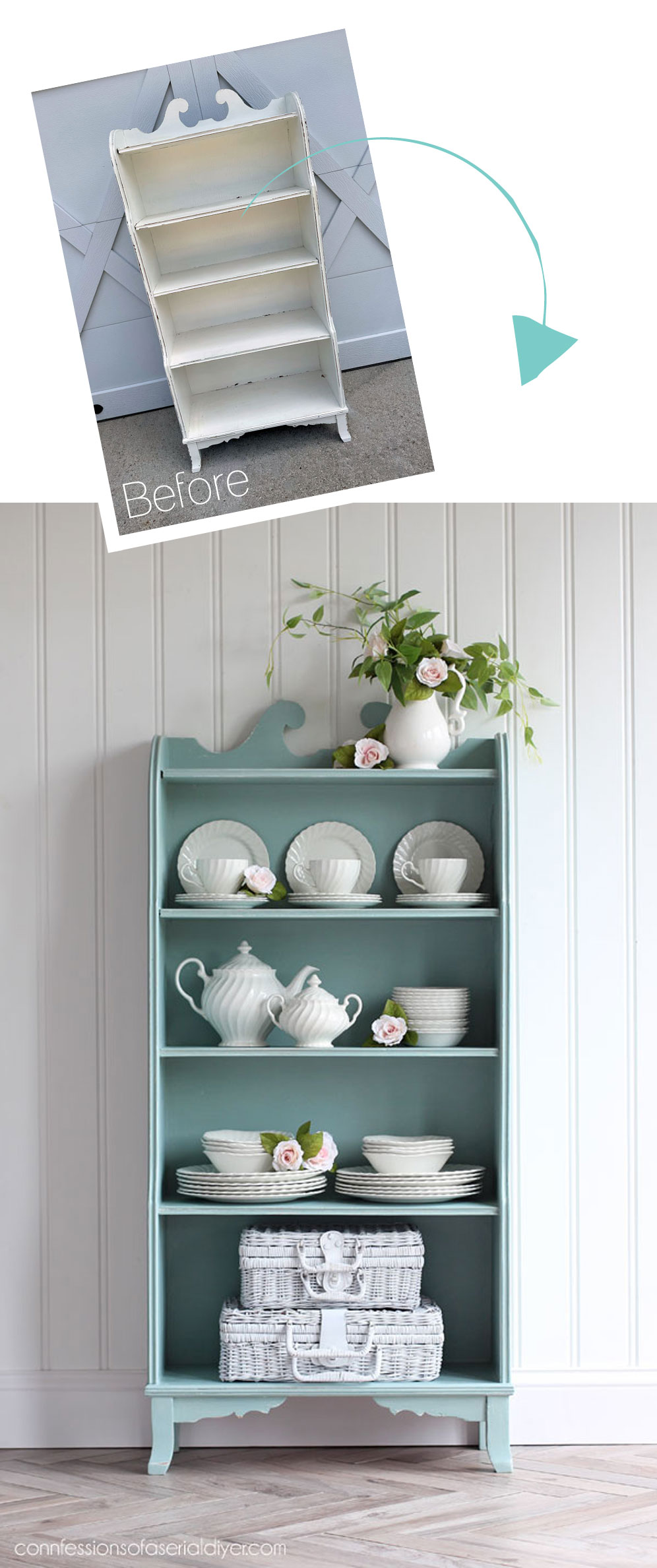 Vintage Bookcase Makeover in Duck Egg Blue