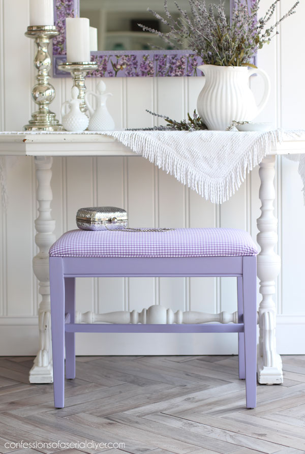 Lavender gingham bench makeover