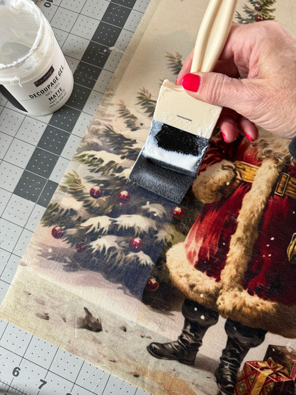 Use a foam n dandy brush to apply decoupage gel