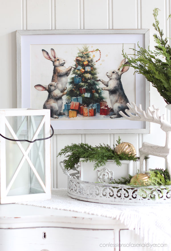 Bunny holiday art from decoupage paper and thrift store frame