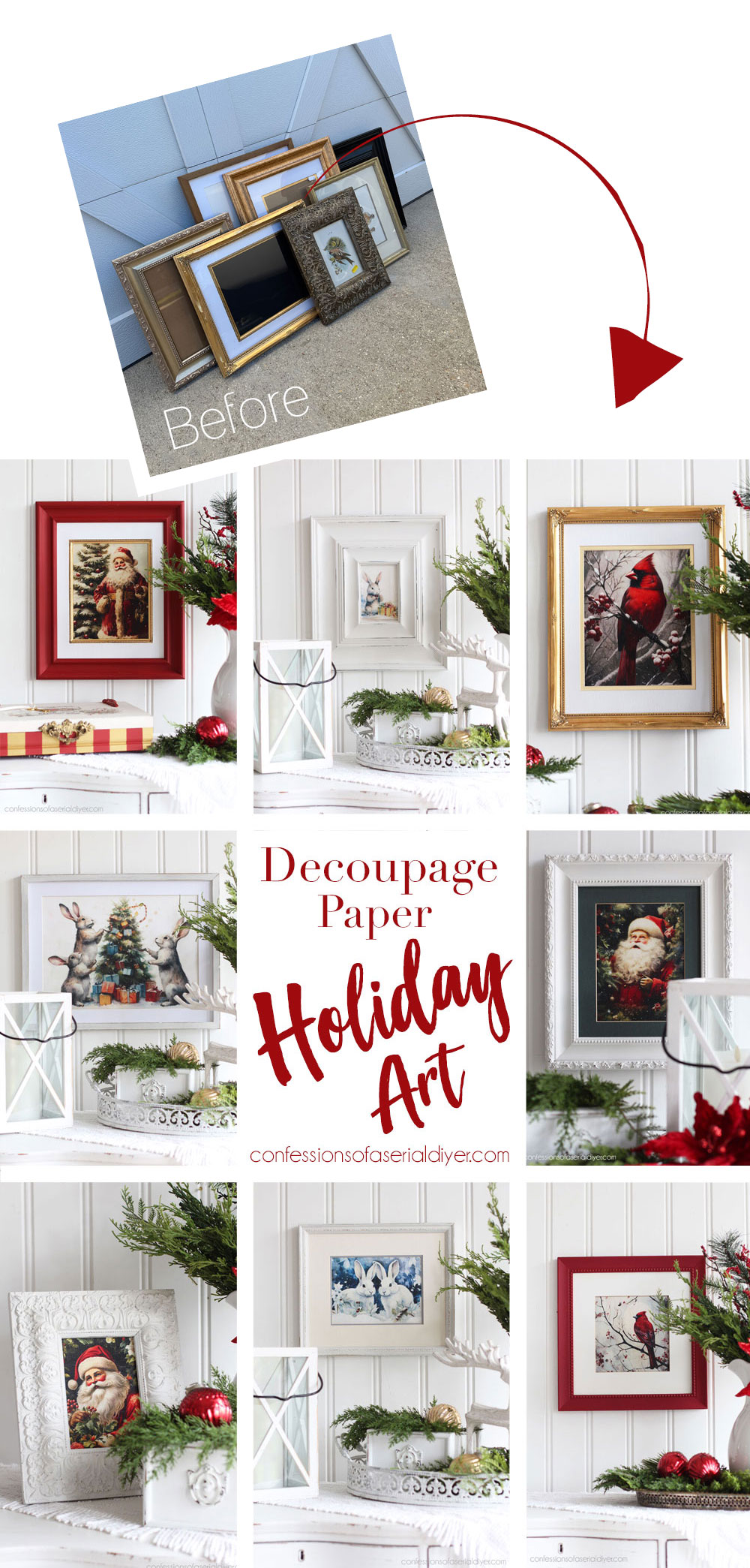 New holiday art from old frames and decoupage paper