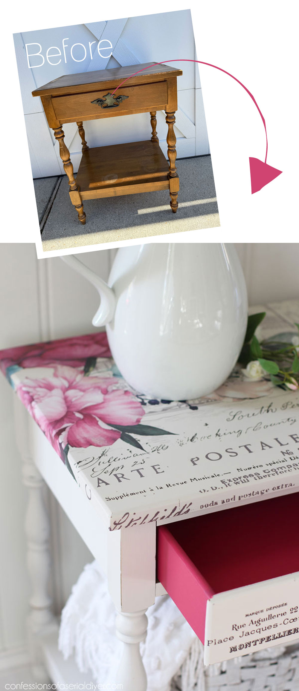 Dated night table makeover with Imperial Garden Transfer