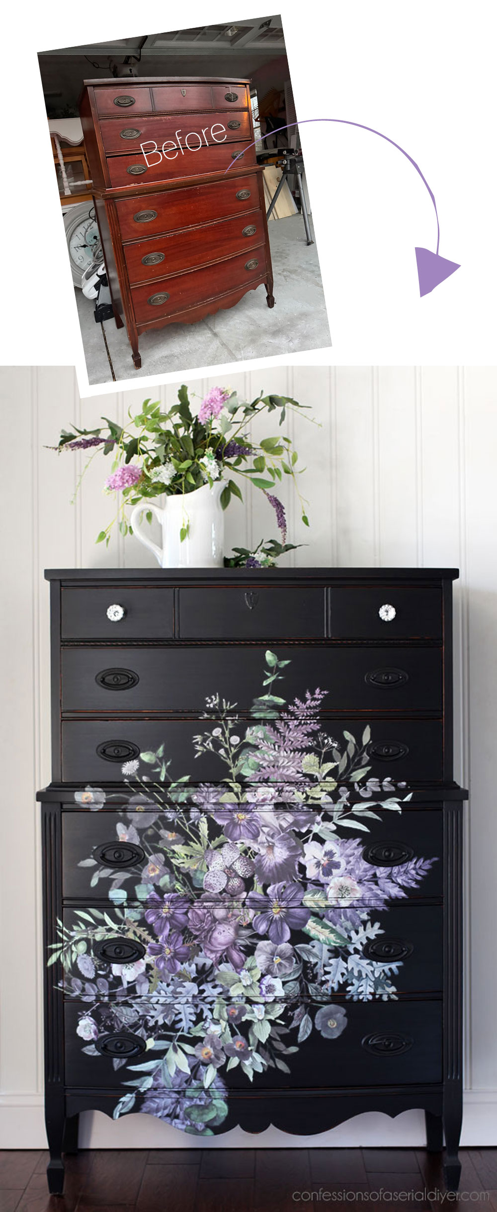 Black floral dresser makeover