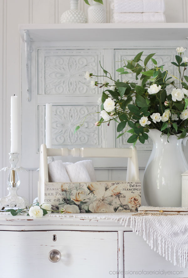 Simple toolbox made over with My Garden Whimsy decoupage paper and Magnolia by Dixie Belle.