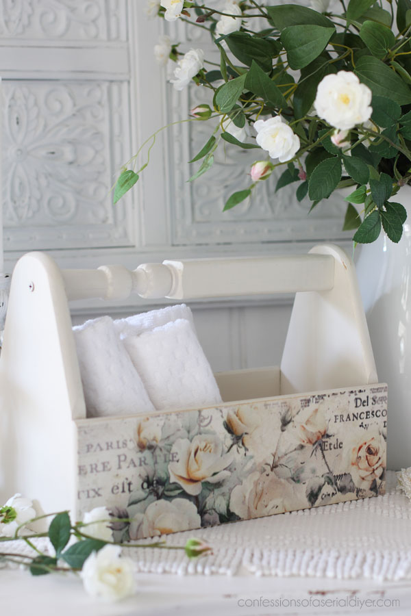 Simple toolbox made over with My Garden Whimsy decoupage paper and Magnolia by Dixie Belle.