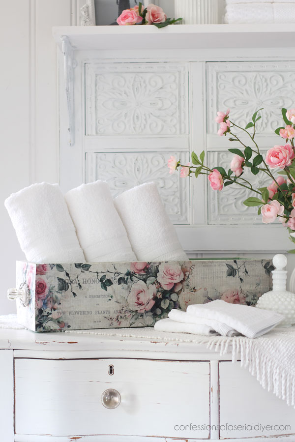 Primitive wooden box redo with decoupage paper