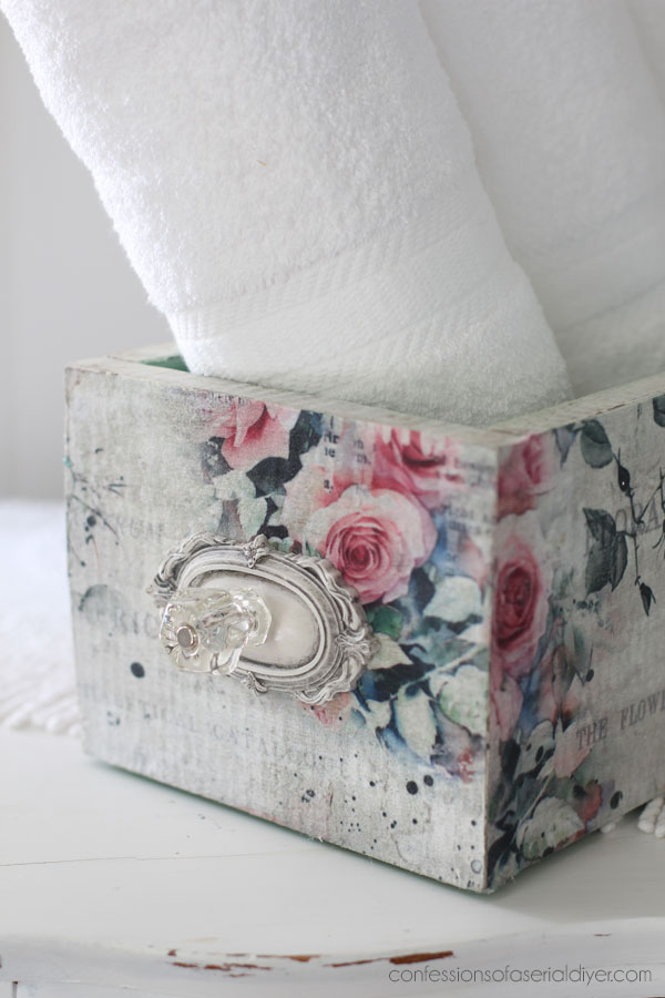 Primitive wooden box redo with decoupage paper