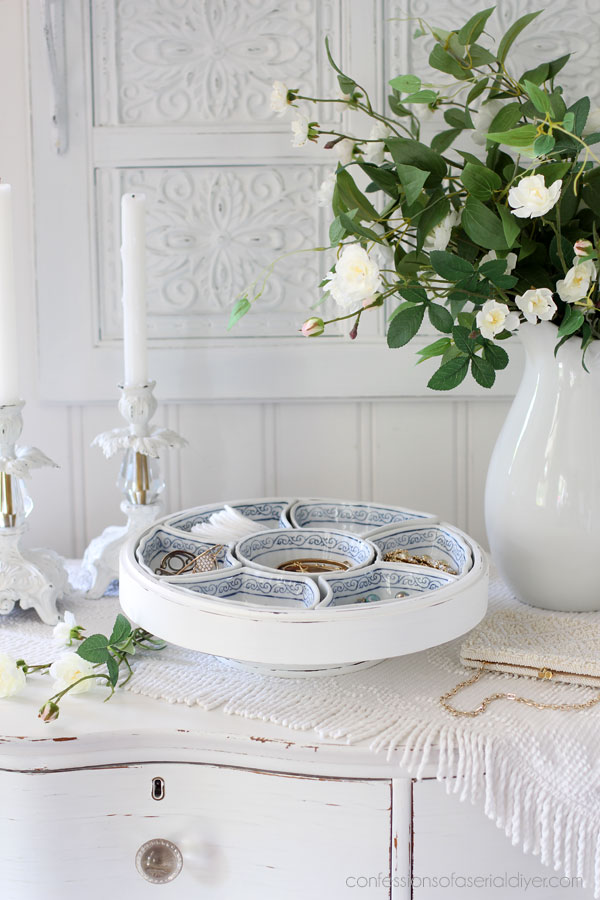 Lazy susan relish tray used as jewelry storage