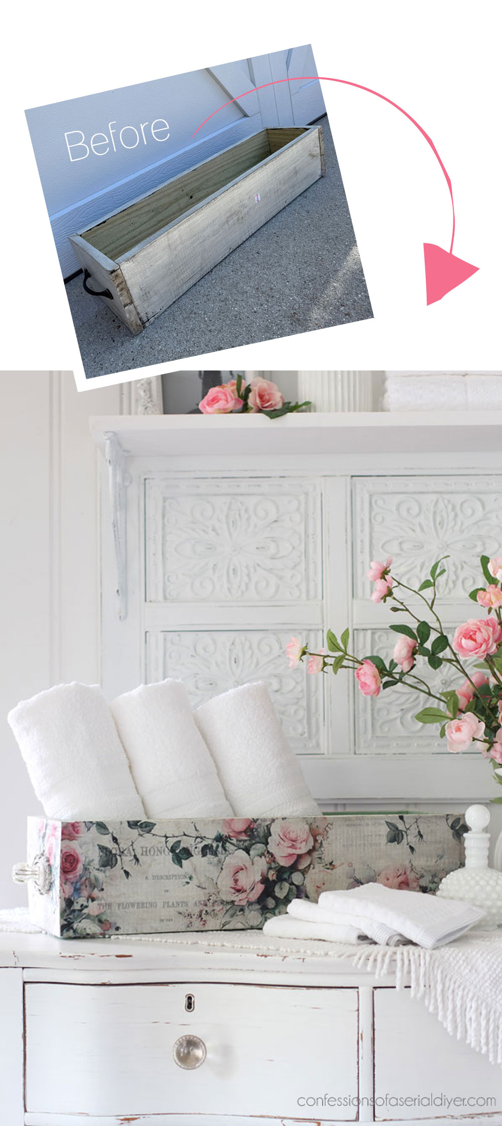 Primitive wooden box redo with decoupage paper