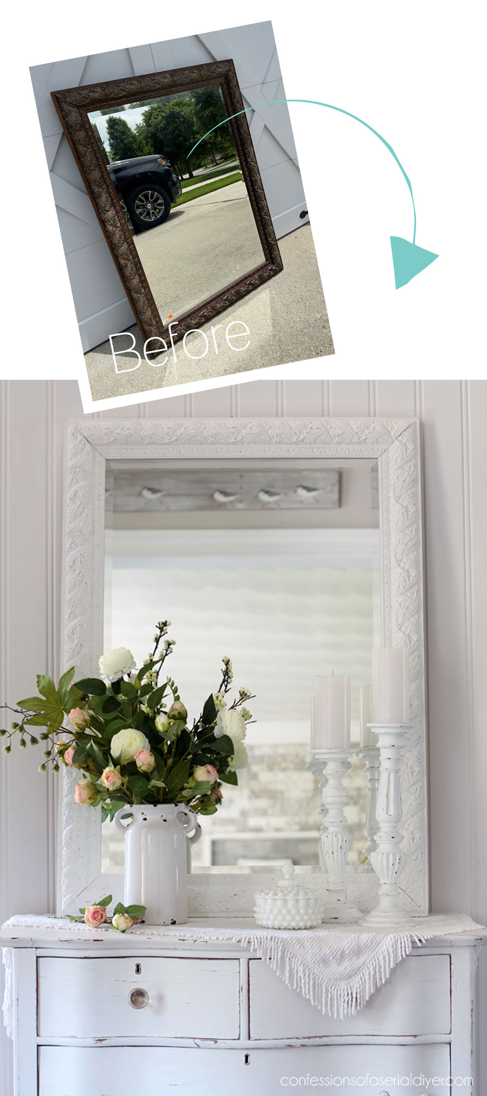 White chalk painted mirror in Dixie Belle Cotton