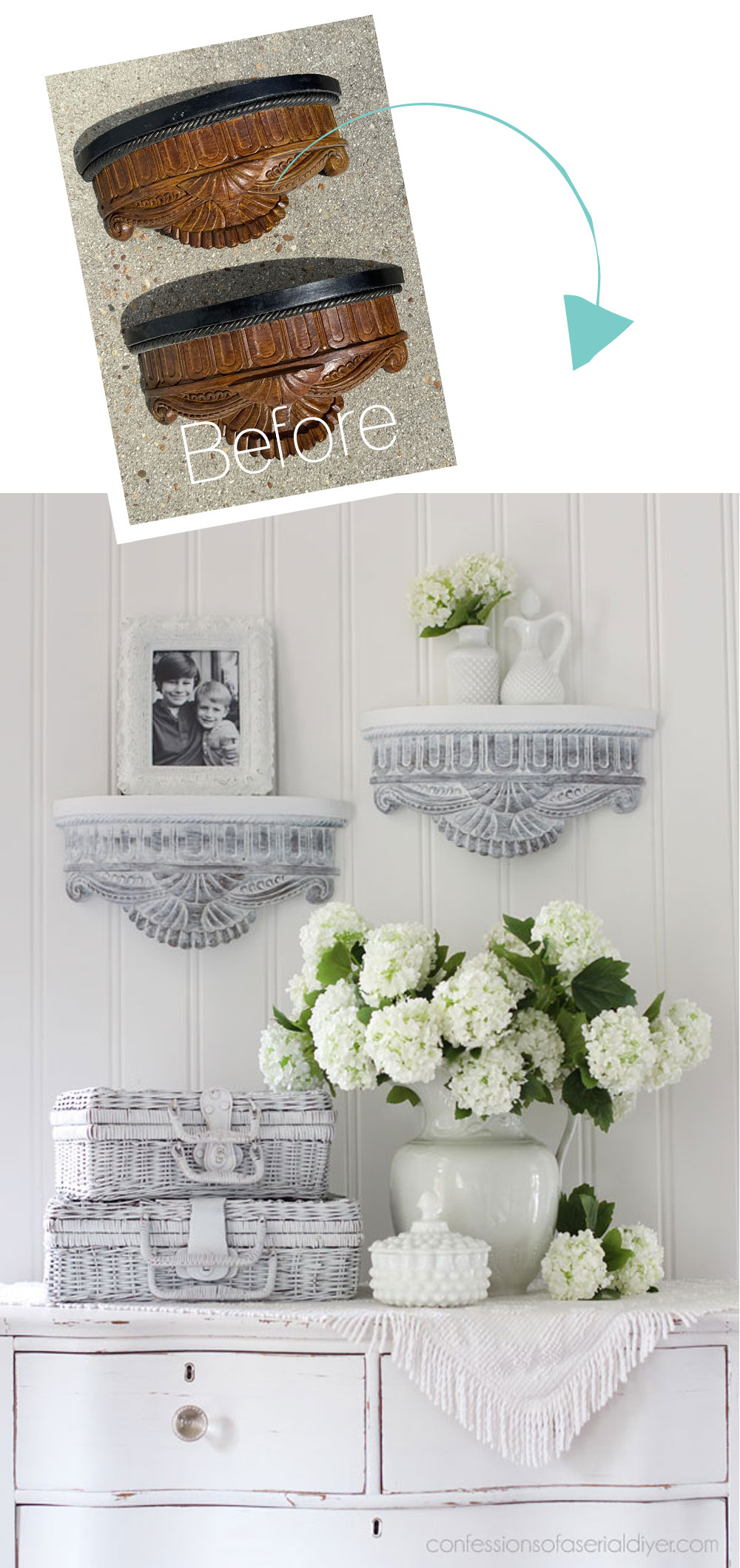 White washed carved wood shelves