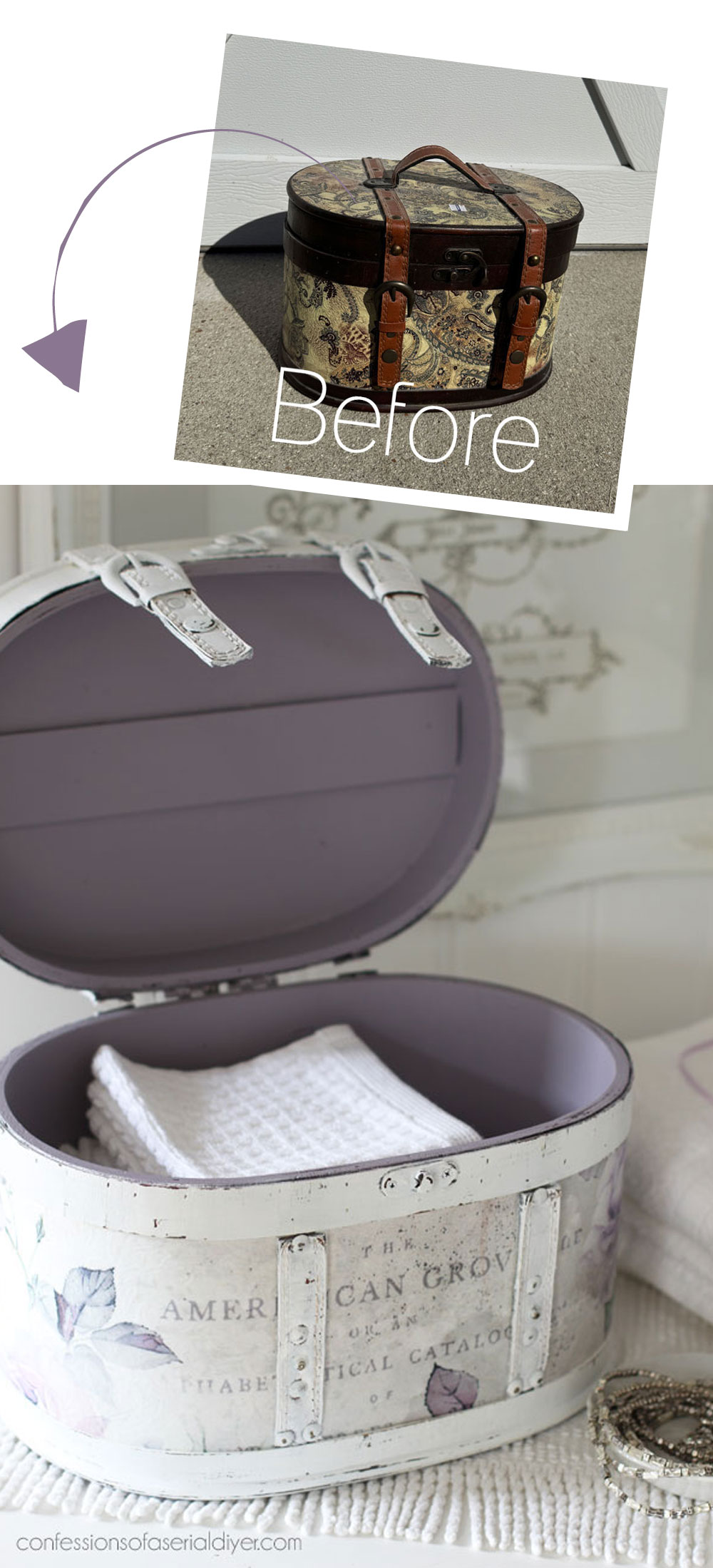 Round wooden storage box makeover with decoupage paper.