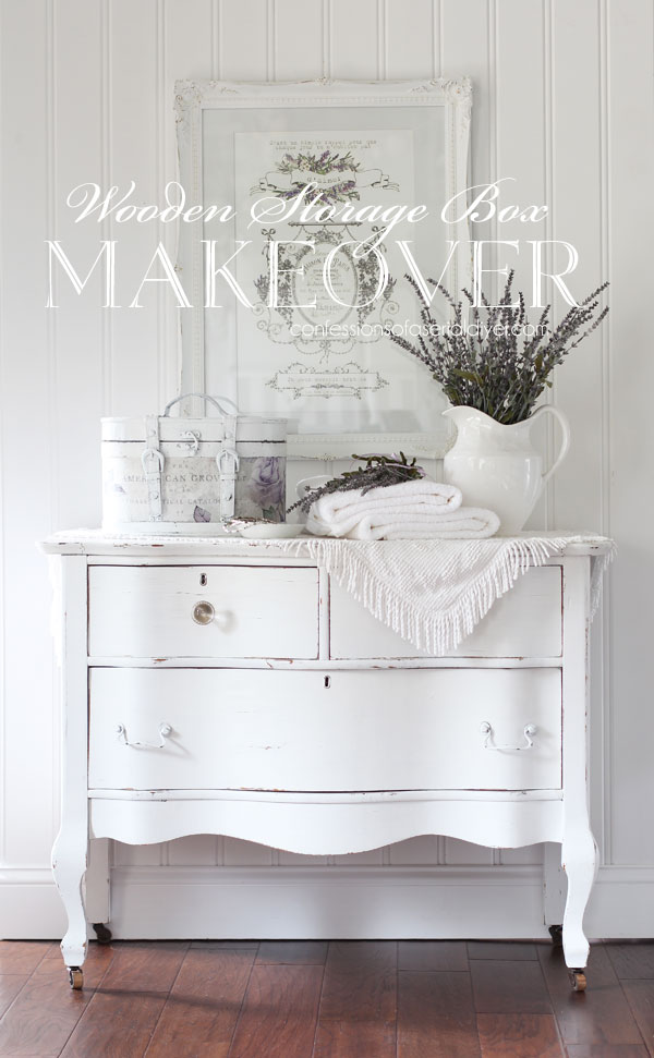 Round wooden storage box makeover with decoupage paper.