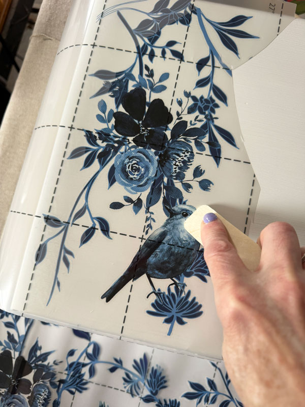 Adding a gorgeous transfer to a flatware box.