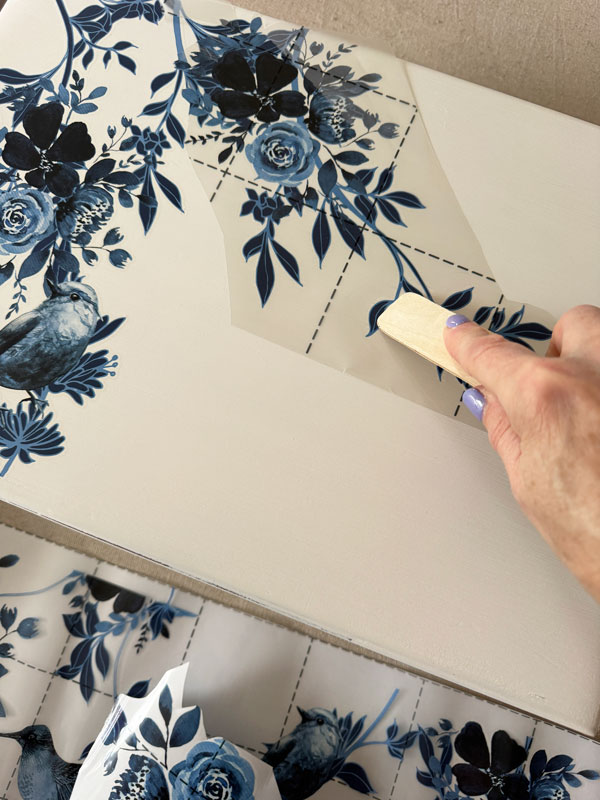 Adding a gorgeous transfer to a flatware box.