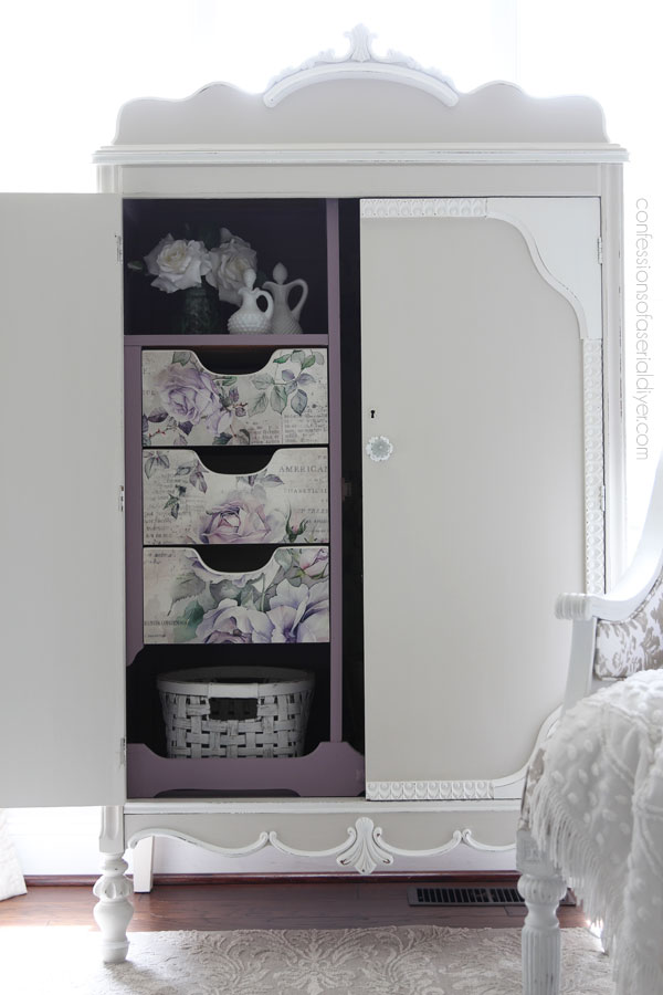 Add a fun surprise to the interior of a cabinet with paint and decoupage paper!