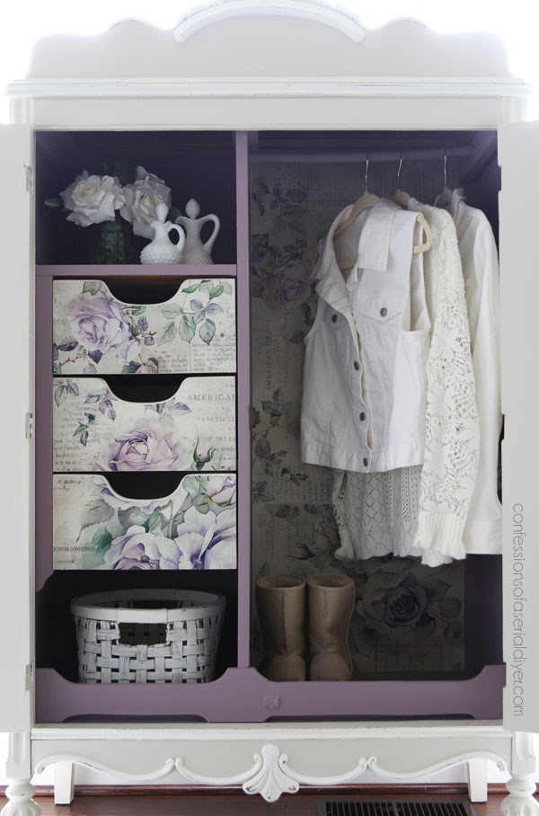 line the interior of a cabinet with decoupage paper