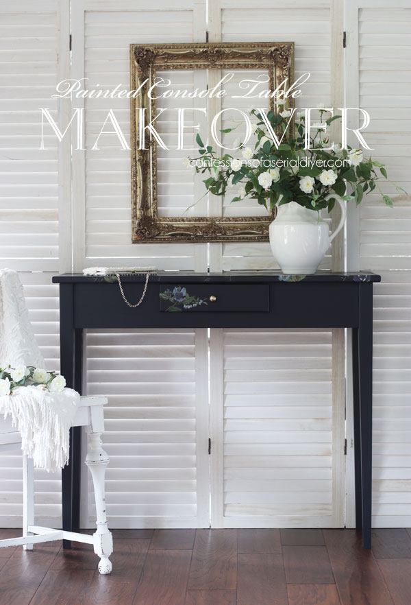 Unfinished wood console table makeover in In the Navy from Dixie Belle.