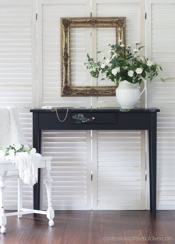 Unfinished wood table makeover in In the Navy from Dixie Belle.