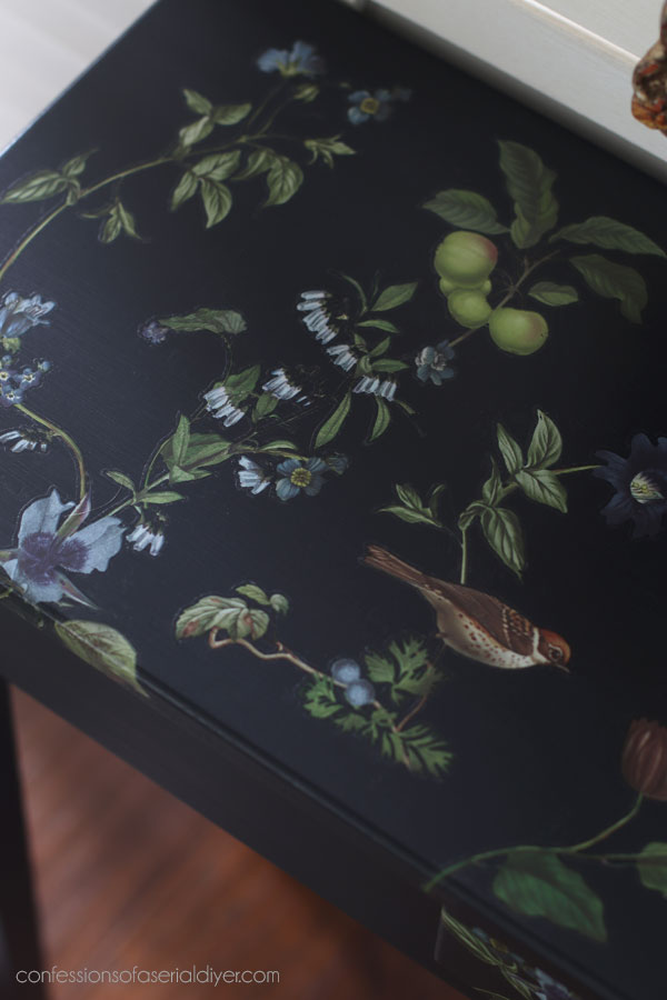 Unfinished wood table makeover with the Chirping Charm transfer