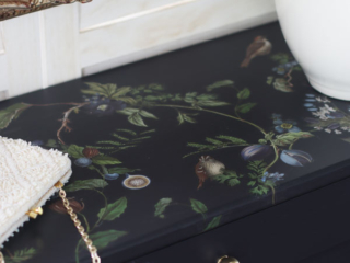 Unfinished wood table makeover with the Chirping Charm transfer