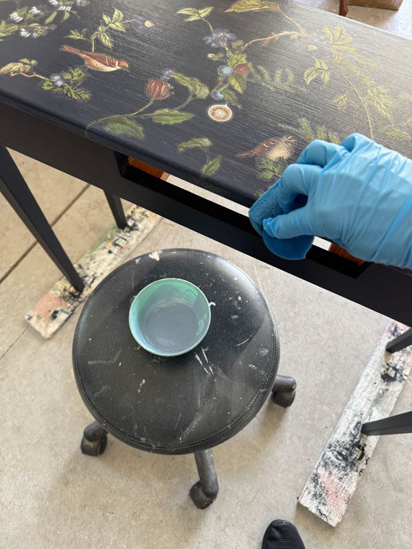 Sealing a transfer with Clear Coat in Satin from Dixie Belle.