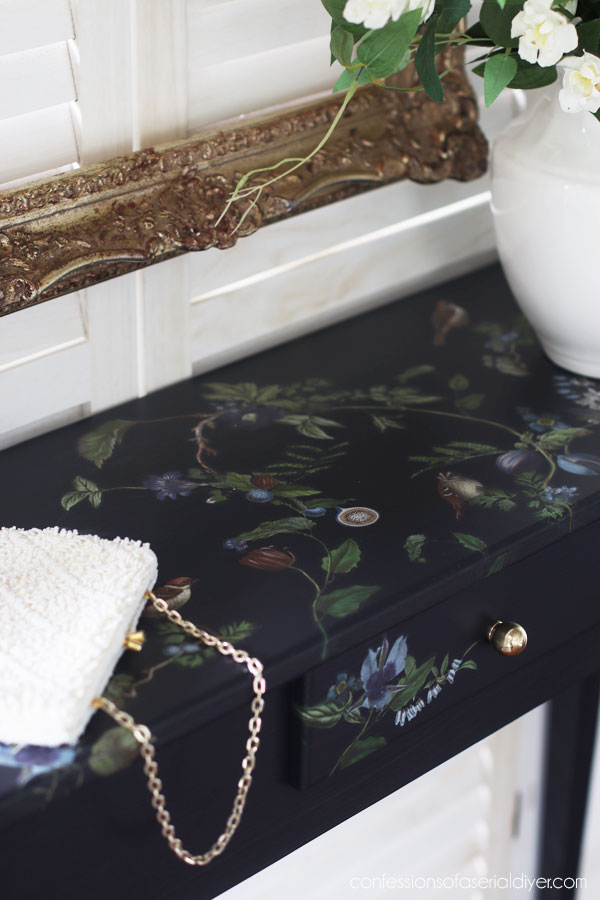 Unfinished wood table makeover with the Chirping Charm transfer